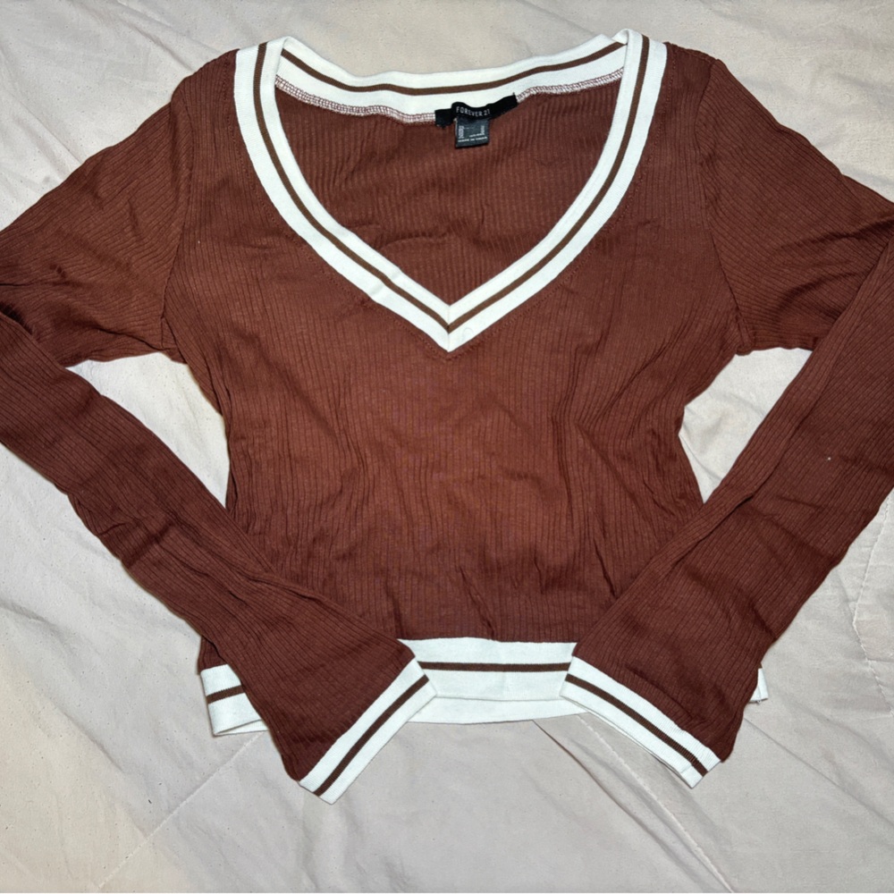 Forever 21 Brown V-Neck Top with White Accents